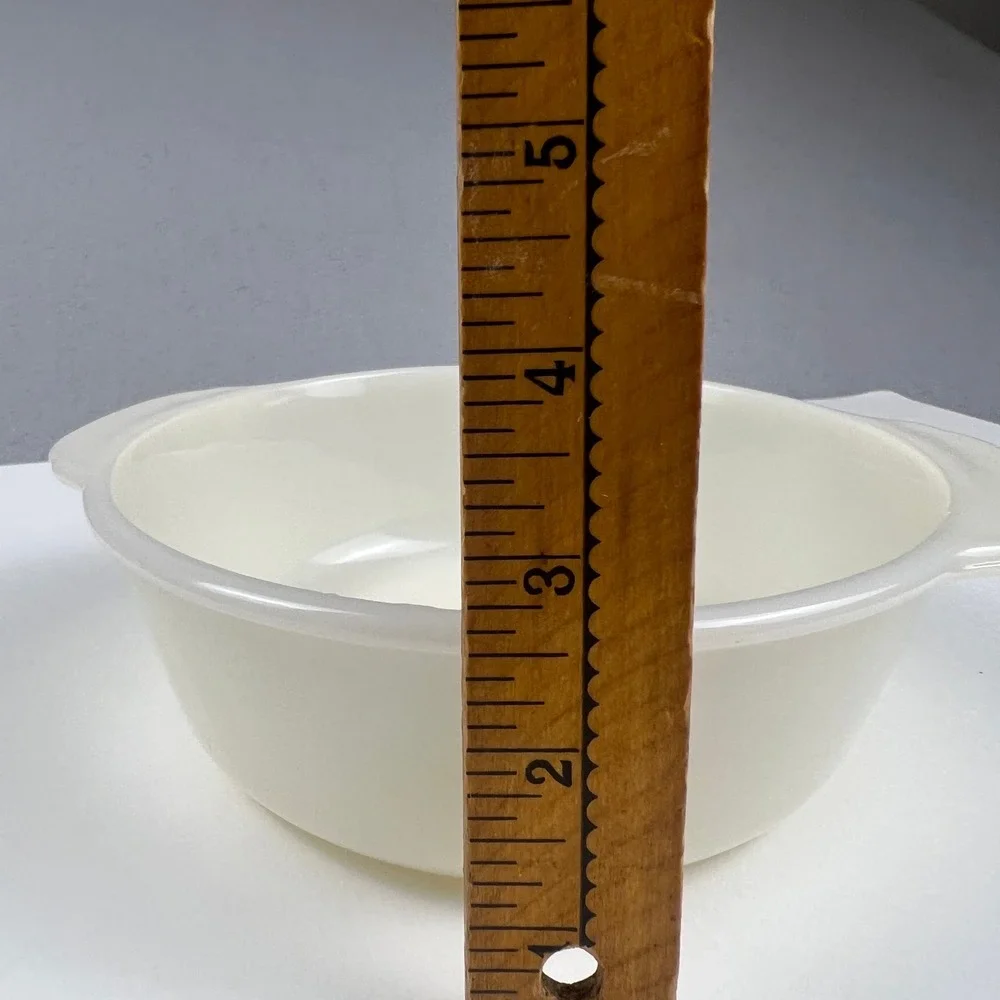 Vintage Milk Glass Casserole Dish 7.25in White Round Handled Ovenware MCM